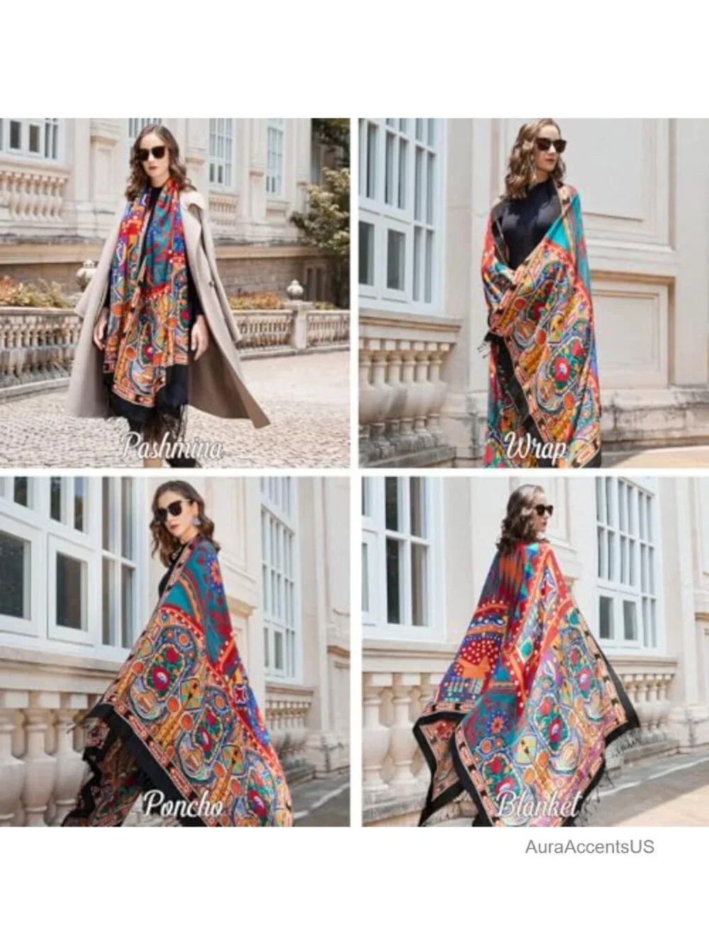 Merino Wool Oversized Pashmina Shawl Wrap Blanket Women 96x43